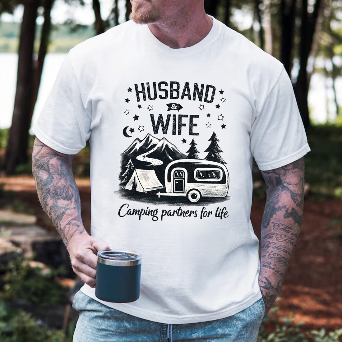 Husband & Wife Camping T-Shirt – Camping Partners for Life, Outdoor Couple Gift for Camp Lovers