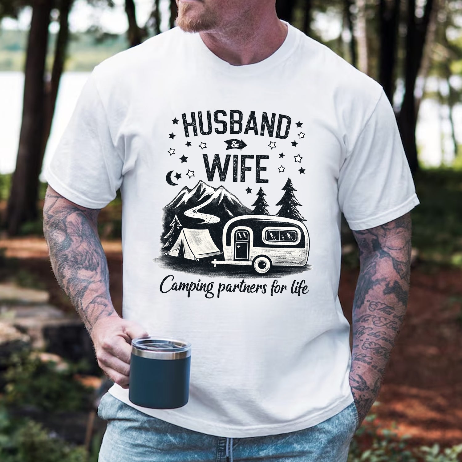 Husband & Wife Camping T-Shirt – Camping Partners for Life, Outdoor Couple Gift for Camp Lovers