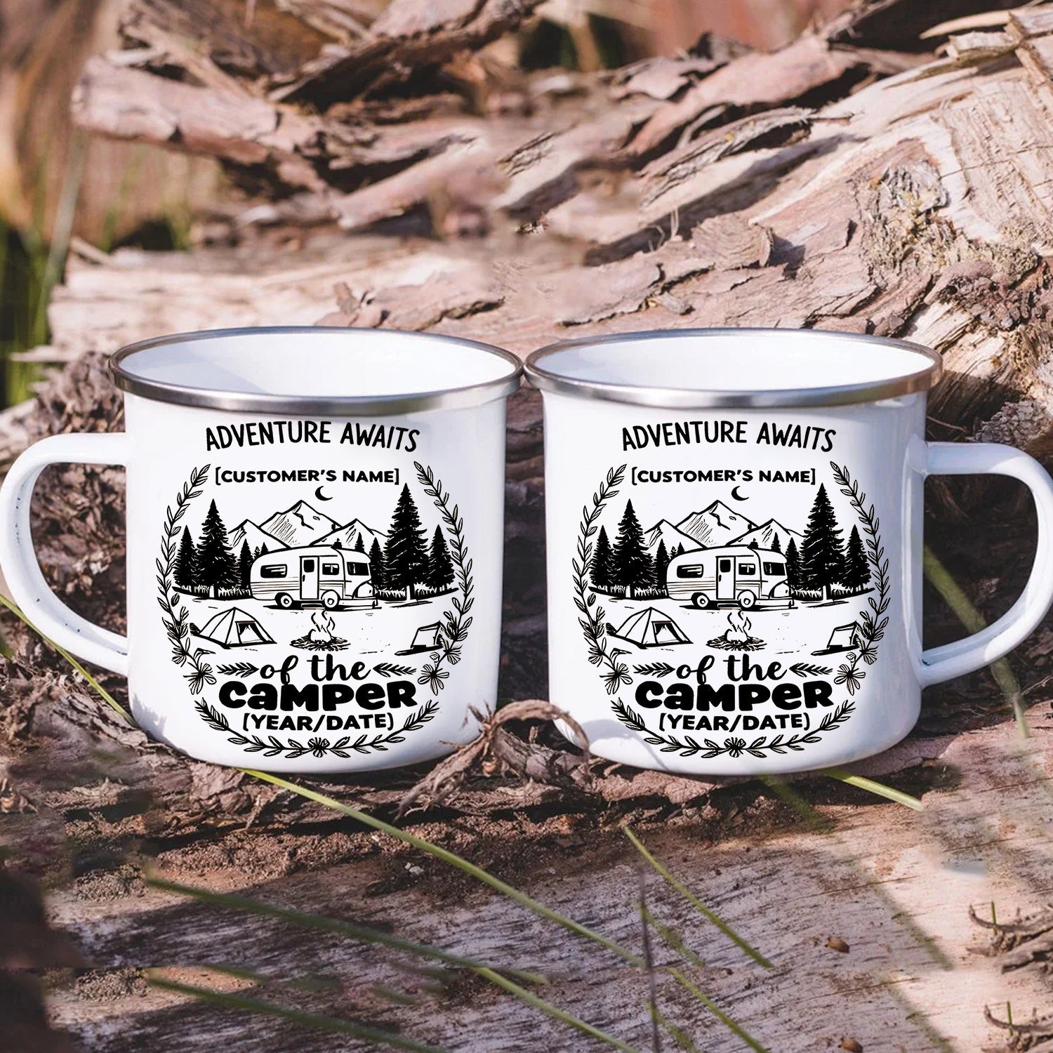 Personalized Camping Mug – Adventure Awaits Custom Name Coffee Cup, Camper Gift for Outdoor Lovers