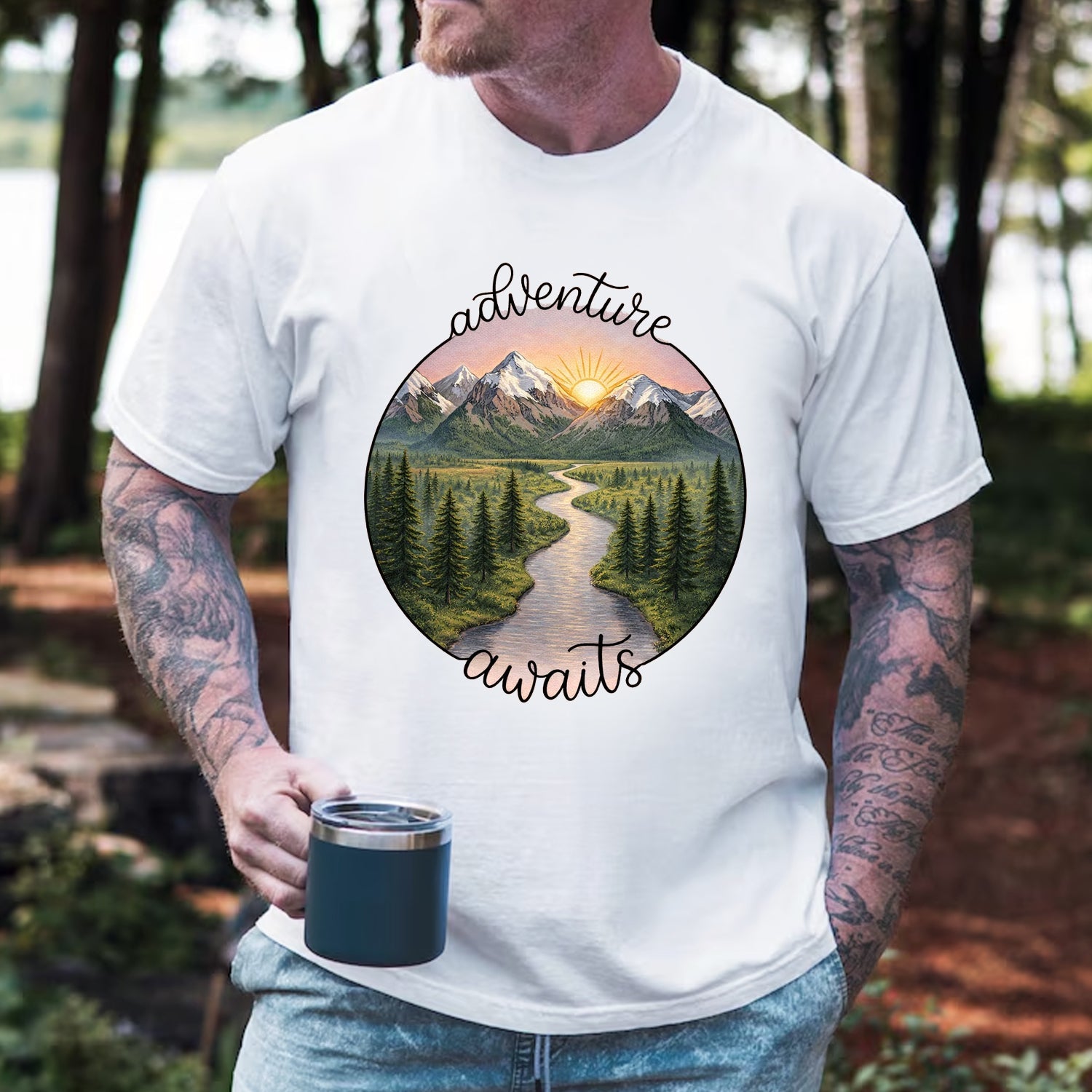 Adventure Awaits Mountain River T-Shirt, Scenic Nature Landscape Graphic Tee, Outdoor Hiking Travel Shirt