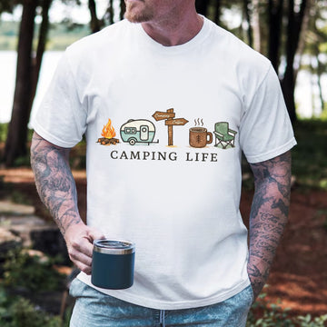 Camping Life T-Shirt – Coffee Campfire RV Shirt, Outdoor Camping Lover Gift for Men & Women