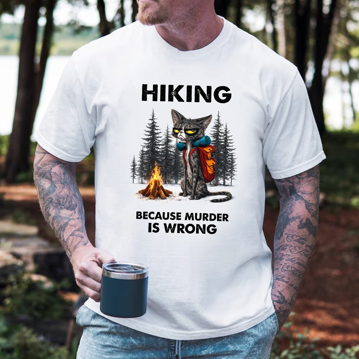 Hiking Because Murder Is Wrong Cat T-Shirt, Funny Grumpy Cat Backpack Camping Graphic Tee, Dark Humor Outdoor Hiking Shirt