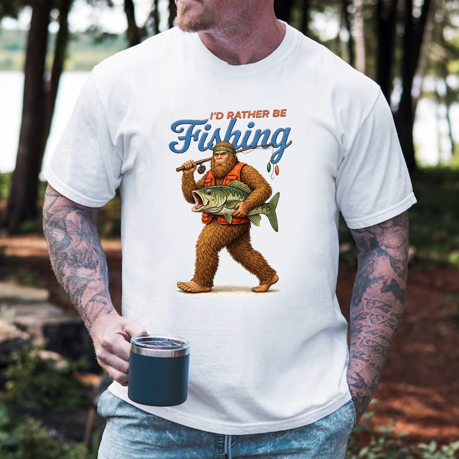 I’d Rather Be Fishing Bigfoot T-Shirt, Sasquatch Fisherman Graphic Tee, Funny Fishing Outdoor Nature Shirt