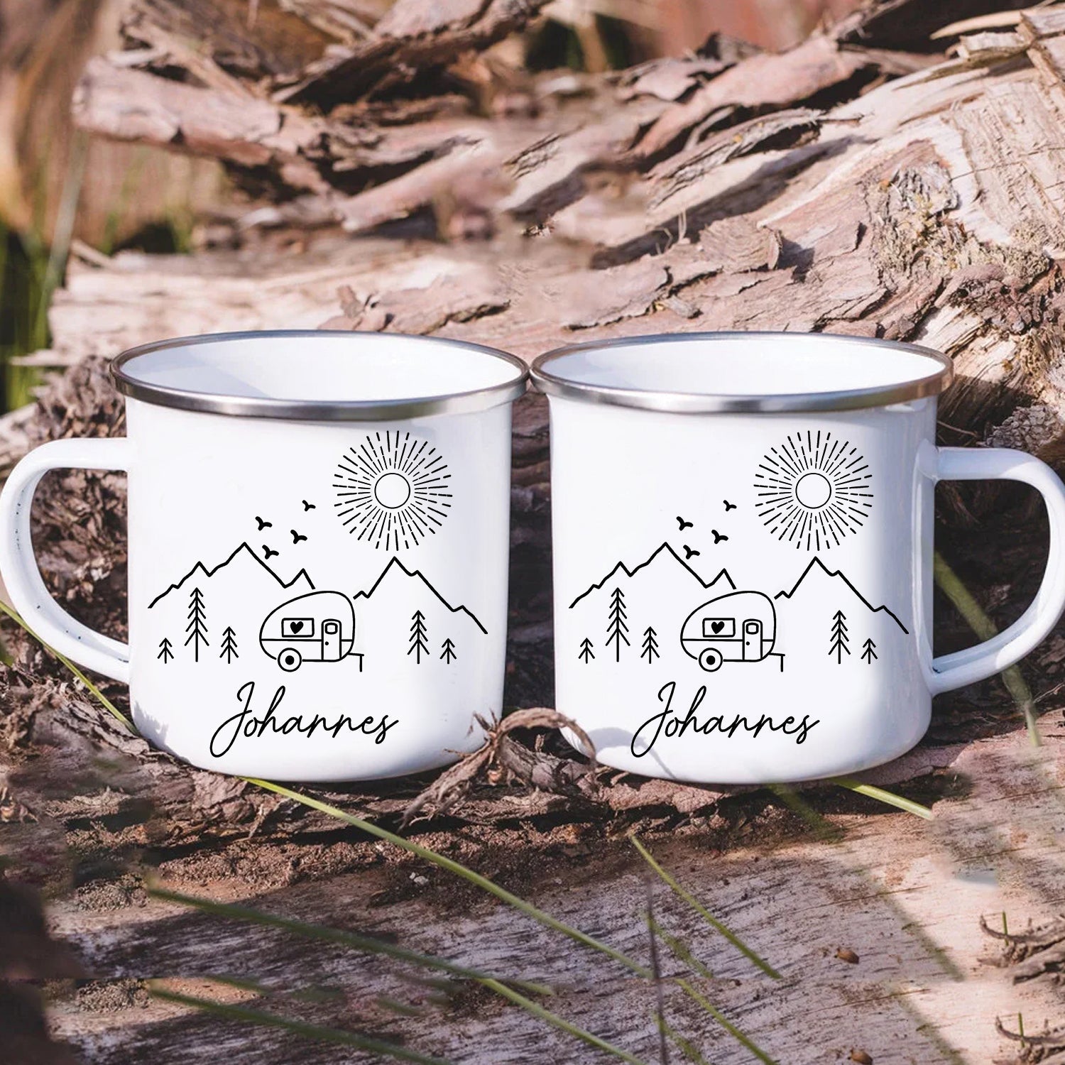 Personalized Camping Mug – Custom Name Enamel Camper Coffee Cup, Outdoor Gift for Camp Lovers