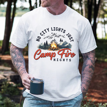 No City Lights Just Campfire Nights T-Shirt – Mountain Campfire Graphic Tee, Outdoor Camping Quote Shirt, Nature Escape Adventure Apparel