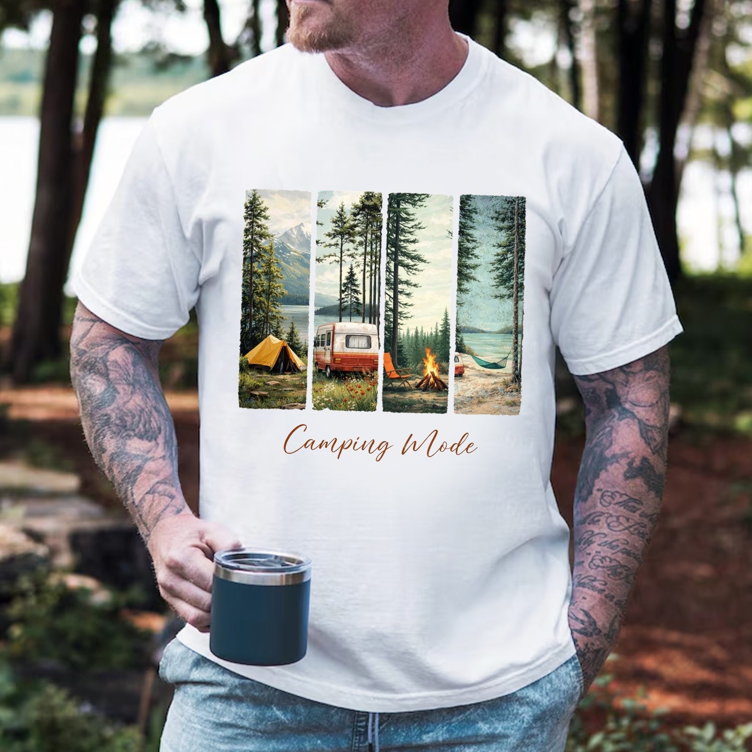 Camping Mode T-Shirt – Scenic Forest & Campfire Panel Graphic Tee, Outdoor Adventure Camping Shirt, Nature Lover Travel Apparel