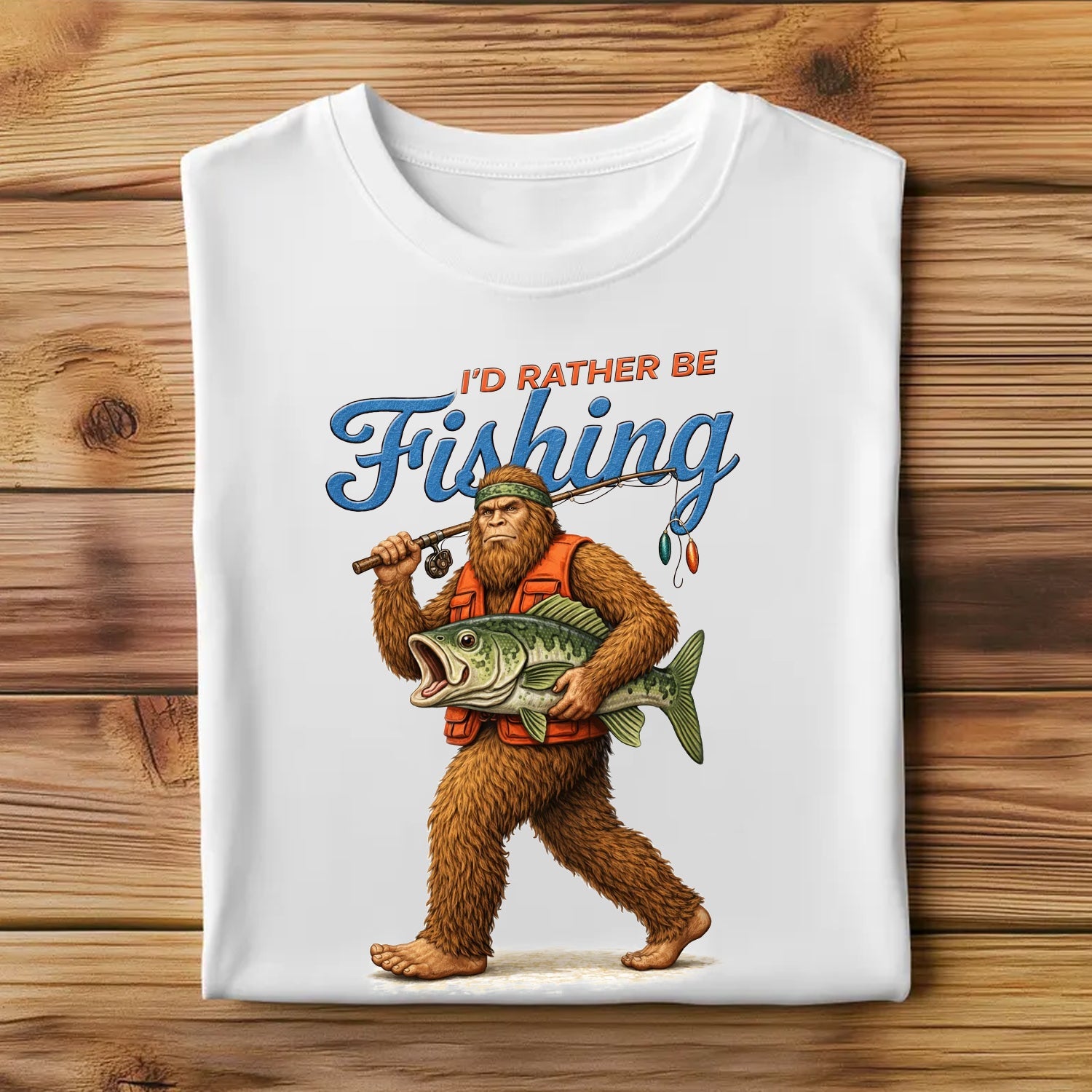 I’d Rather Be Fishing Bigfoot T-Shirt, Sasquatch Fisherman Graphic Tee, Funny Fishing Outdoor Nature Shirt