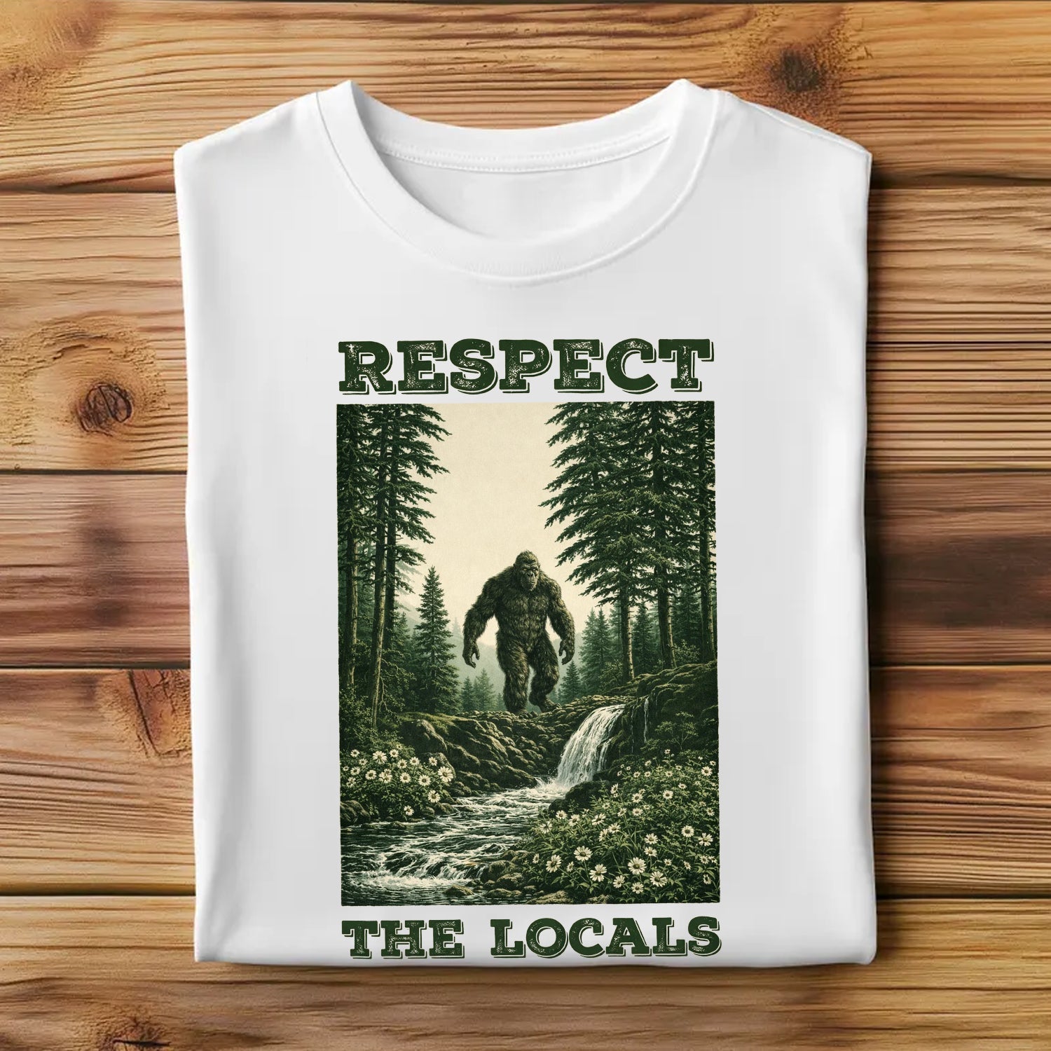 Respect The Locals Bigfoot T-Shirt, Sasquatch Forest Waterfall Graphic Tee, Funny Wilderness Outdoor Nature Shirt