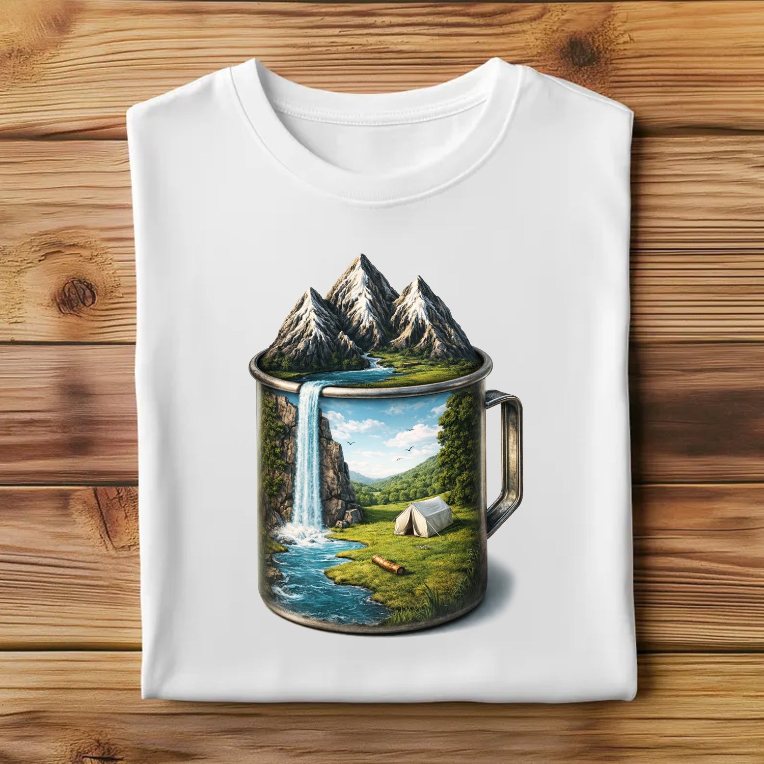 Camping Mug Landscape T-Shirt – Mountain Waterfall Coffee Cup Graphic Tee, Outdoor Adventure Nature Shirt, Camping & Hiking Lover Apparel