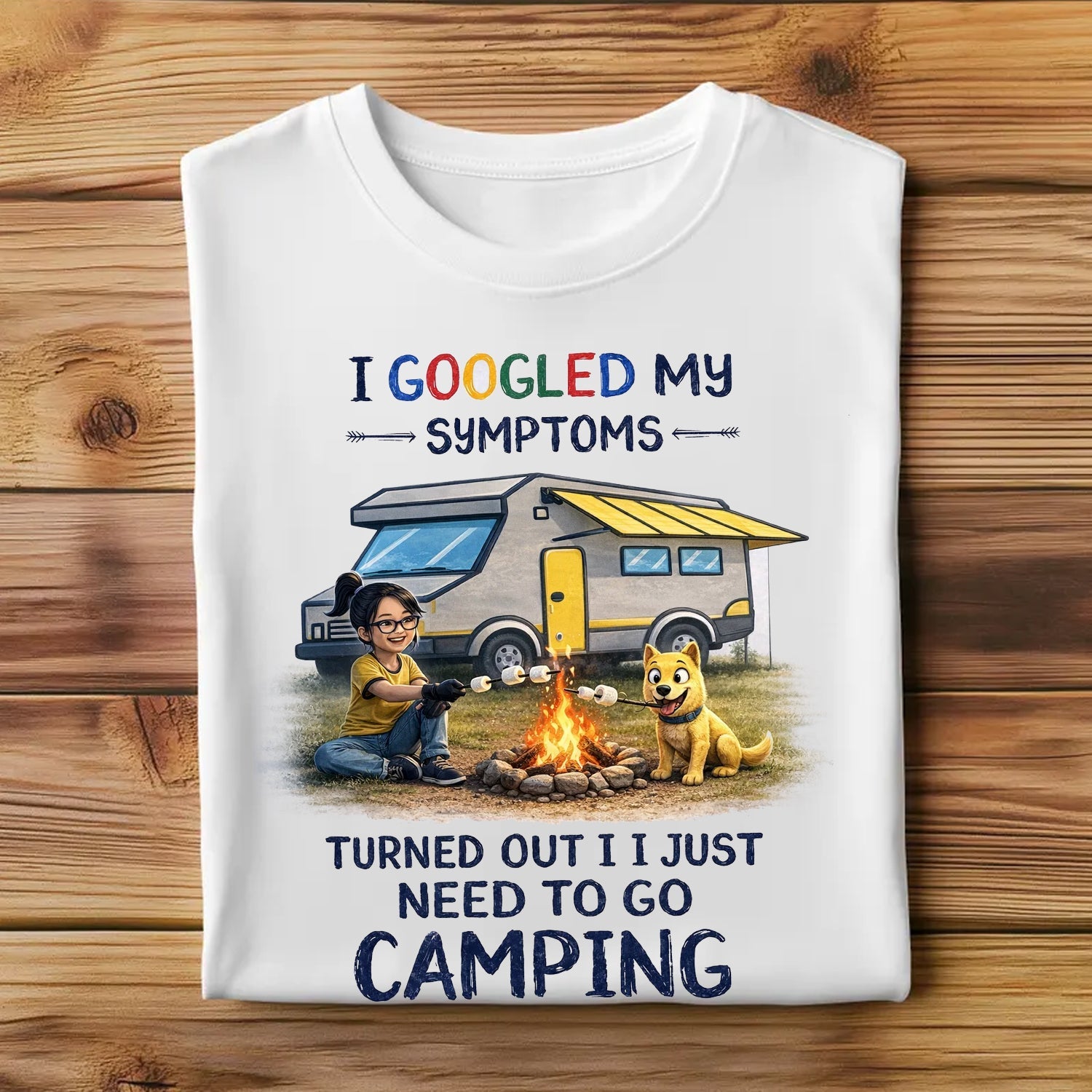 Funny Camping Quote T-Shirt – I Googled My Symptoms Graphic Tee, Cute Camper Van & Campfire Design Shirt, Outdoor Adventure Humor Apparel