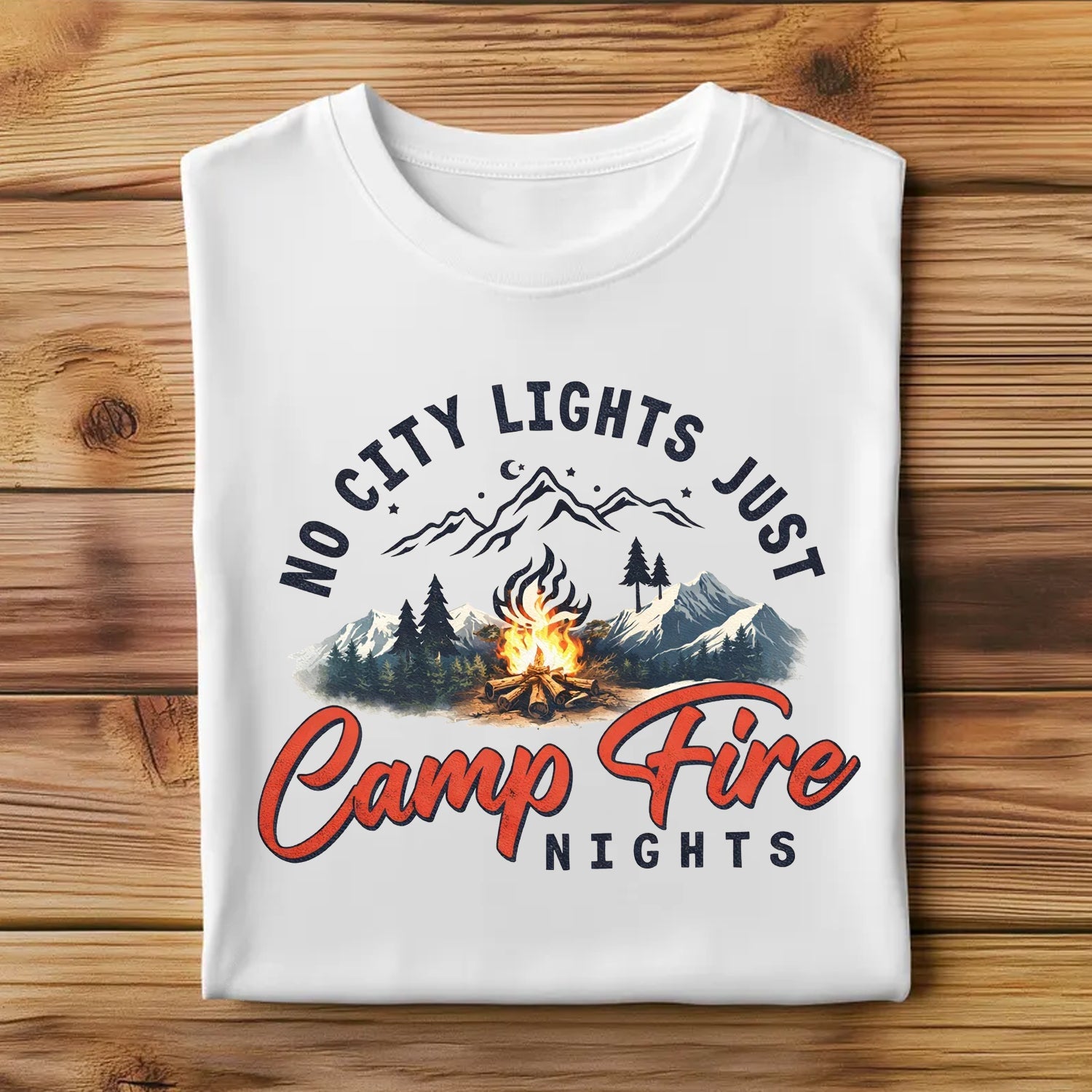 No City Lights Just Campfire Nights T-Shirt – Mountain Campfire Graphic Tee, Outdoor Camping Quote Shirt, Nature Escape Adventure Apparel