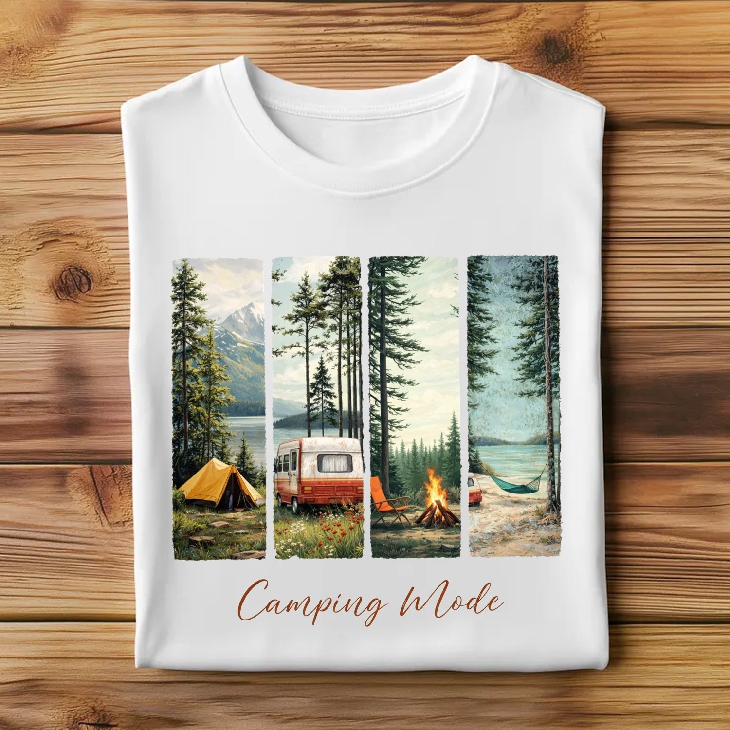 Camping Mode T-Shirt – Scenic Forest & Campfire Panel Graphic Tee, Outdoor Adventure Camping Shirt, Nature Lover Travel Apparel
