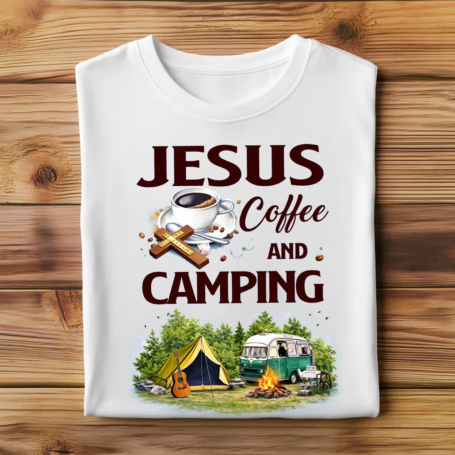 Jesus Coffee Camping T-Shirt – Christian Outdoor Graphic Tee, Faith-Inspired Camping & Coffee Lover Shirt, Nature Adventure Lifestyle Apparel