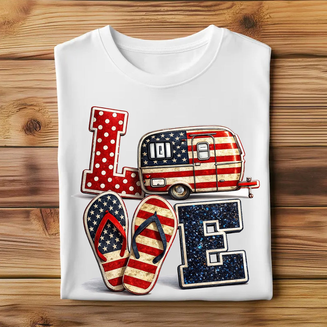 Patriotic Camping Love – USA Flag Camper Freedom Vibes T-Shirt
