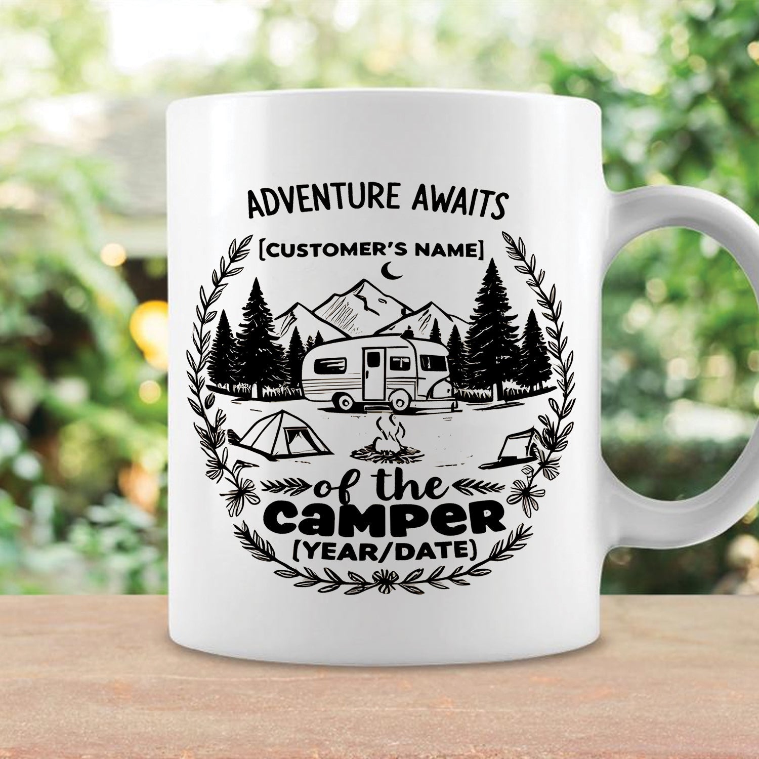 Personalized Camping Mug – Adventure Awaits Custom Name Coffee Cup, Camper Gift for Outdoor Lovers