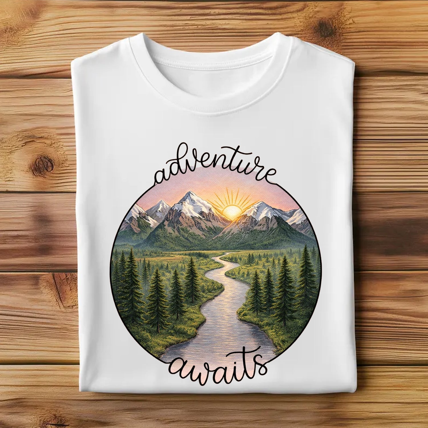 Adventure Awaits Mountain River T-Shirt, Scenic Nature Landscape Graphic Tee, Outdoor Hiking Travel Shirt