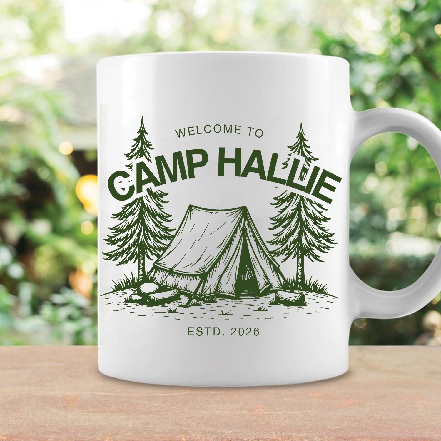 Personalized Camping Mug – Camp Name Custom Coffee Cup, Rustic Campfire Gift for Outdoor Lovers