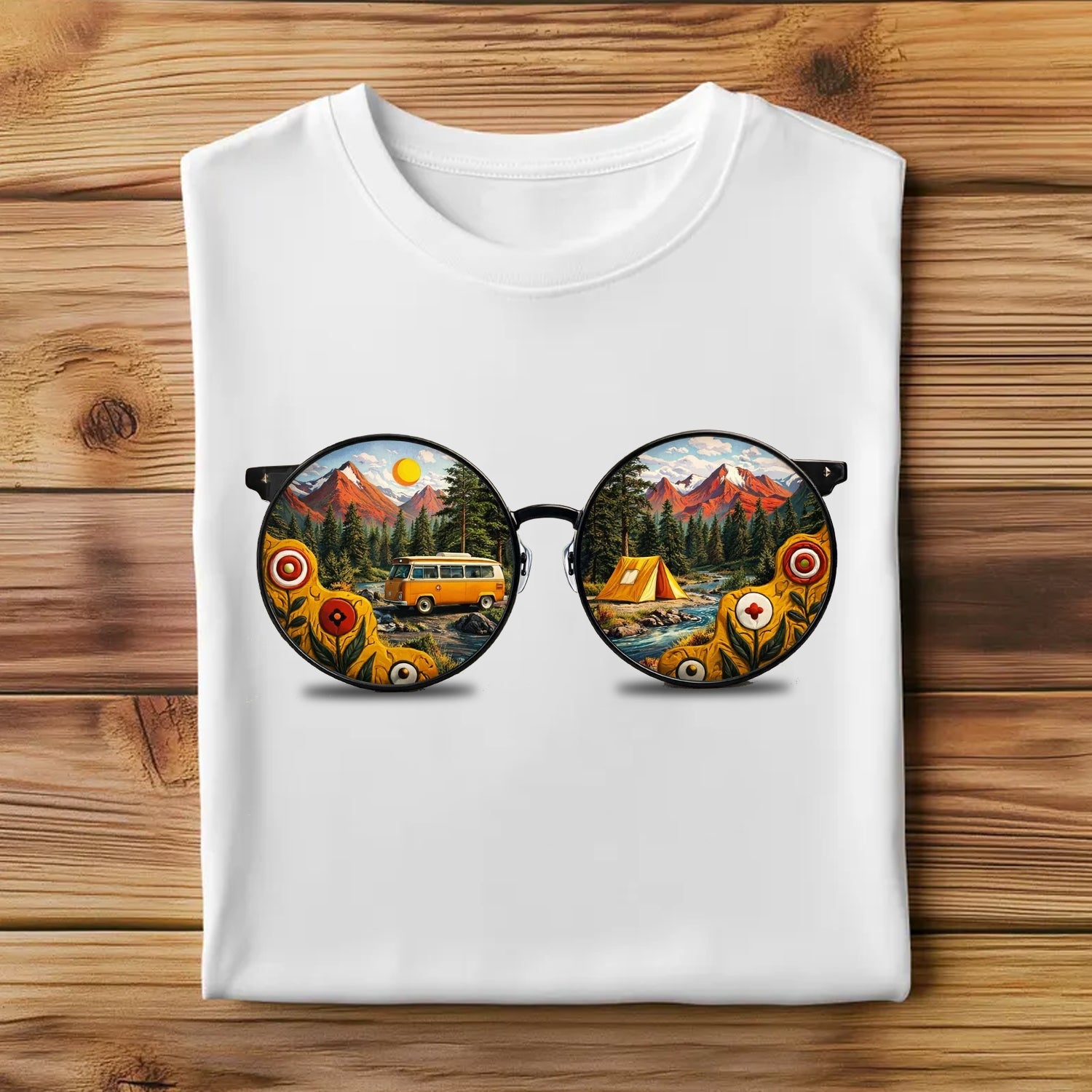 Camping Sunglasses Reflection T-Shirt – Vintage Van & Tent Mountain Scene Graphic Tee, Outdoor Adventure Nature Shirt, Camping & Travel Lover Apparel