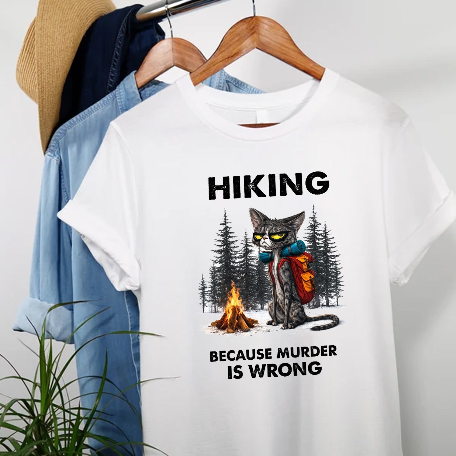 Hiking Because Murder Is Wrong Cat T-Shirt, Funny Grumpy Cat Backpack Camping Graphic Tee, Dark Humor Outdoor Hiking Shirt