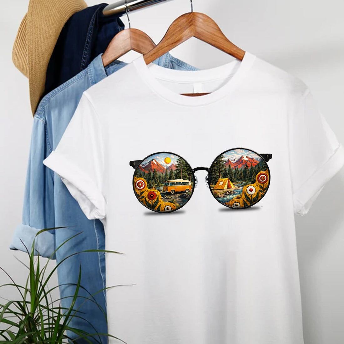 Camping Sunglasses Reflection T-Shirt – Vintage Van & Tent Mountain Scene Graphic Tee, Outdoor Adventure Nature Shirt, Camping & Travel Lover Apparel