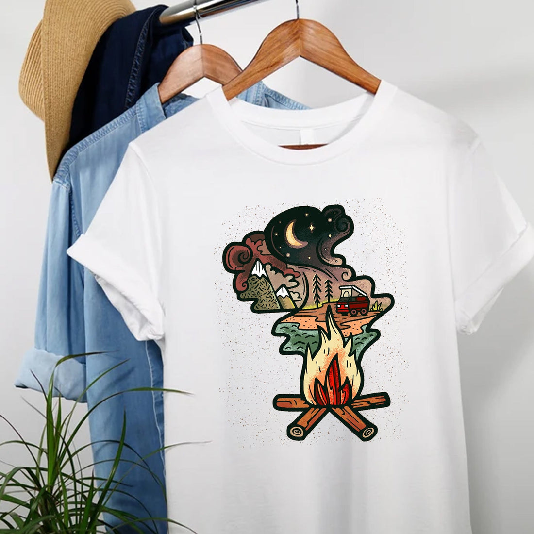 Campfire Night Adventure T-Shirt – Vintage Camping Van Mountain Campfire Graphic Tee