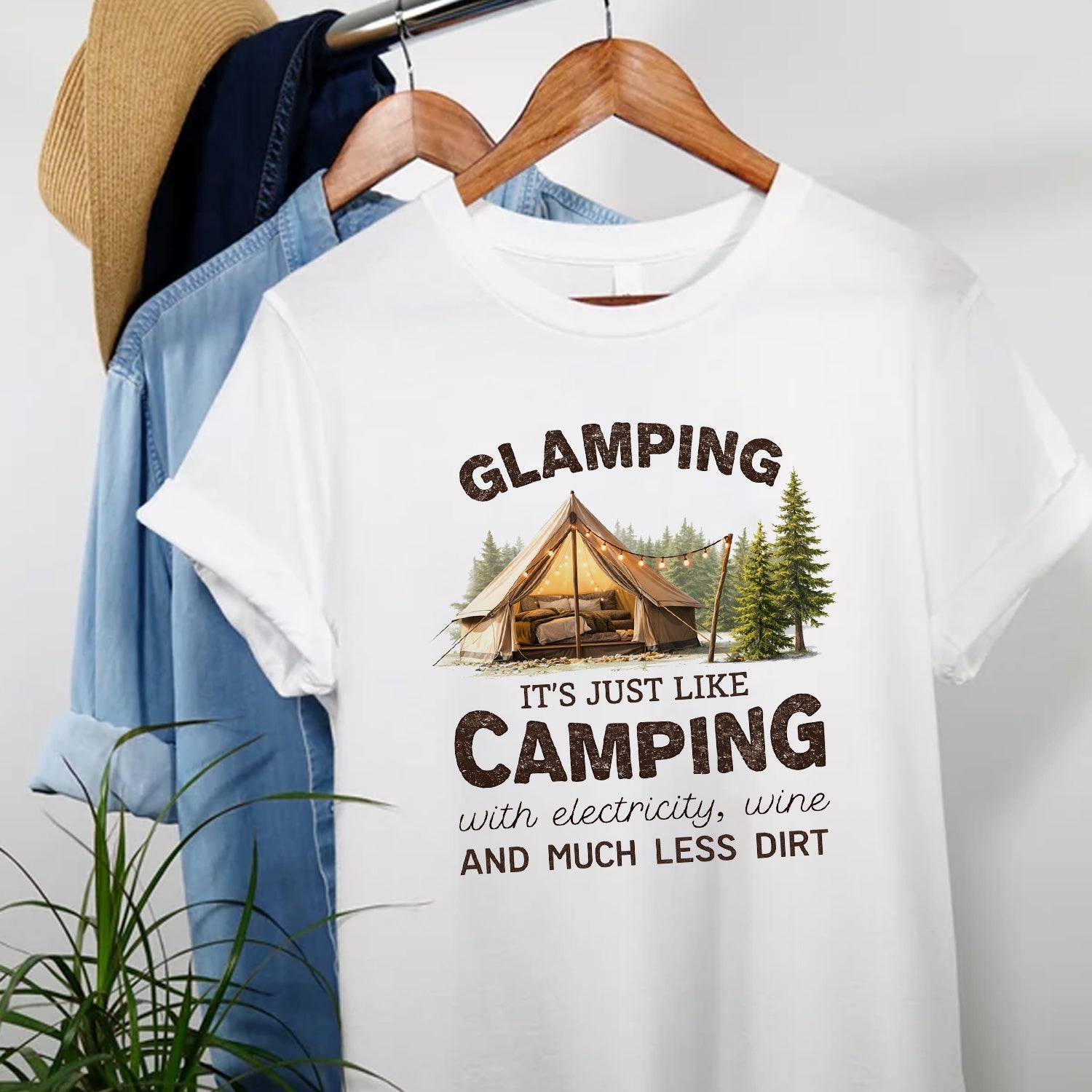 Glamping Funny T-Shirt – Camping With Electricity Wine Shirt, Glam Outdoor Humor Tee