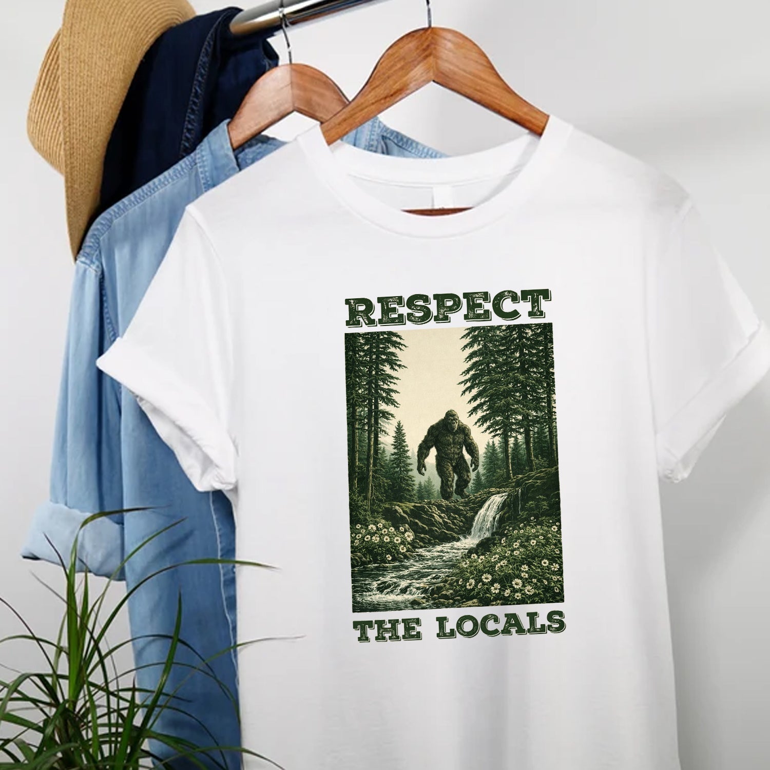 Respect The Locals Bigfoot T-Shirt, Sasquatch Forest Waterfall Graphic Tee, Funny Wilderness Outdoor Nature Shirt