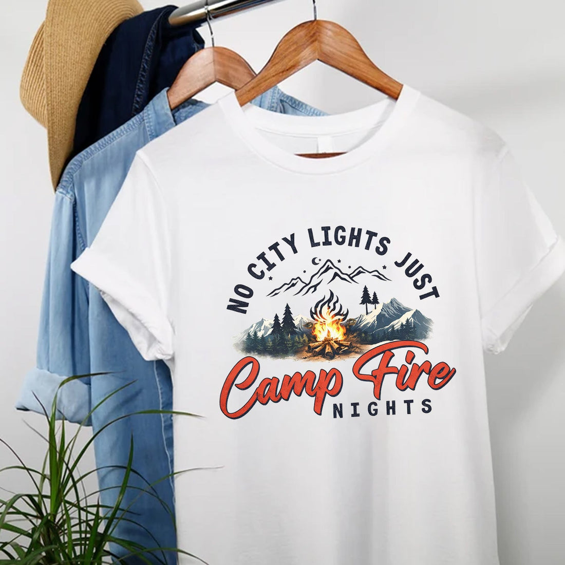 No City Lights Just Campfire Nights T-Shirt – Mountain Campfire Graphic Tee, Outdoor Camping Quote Shirt, Nature Escape Adventure Apparel