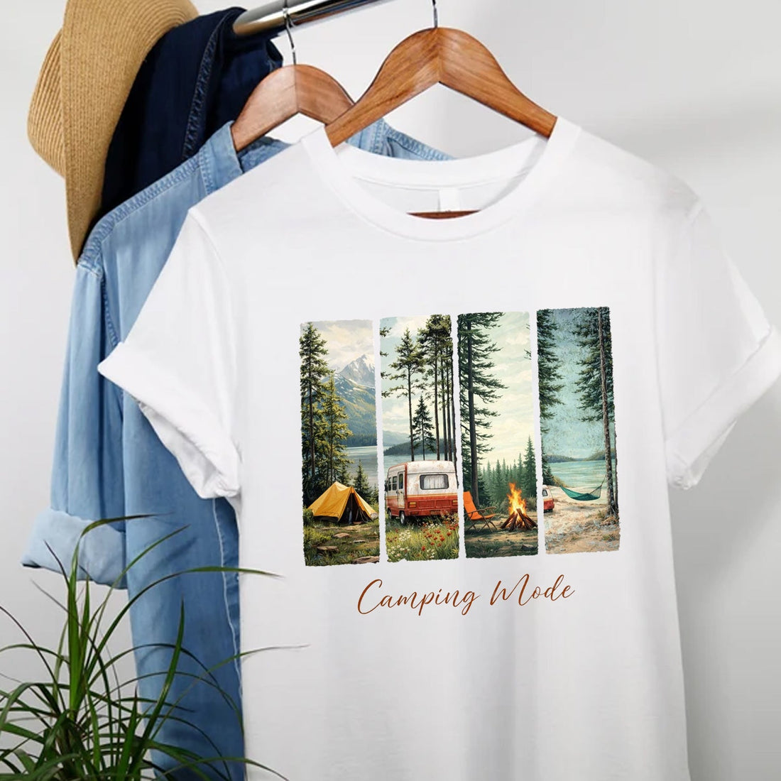 Camping Mode T-Shirt – Scenic Forest & Campfire Panel Graphic Tee, Outdoor Adventure Camping Shirt, Nature Lover Travel Apparel