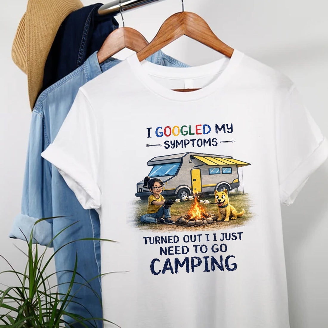Funny Camping Quote T-Shirt – I Googled My Symptoms Graphic Tee, Cute Camper Van & Campfire Design Shirt, Outdoor Adventure Humor Apparel