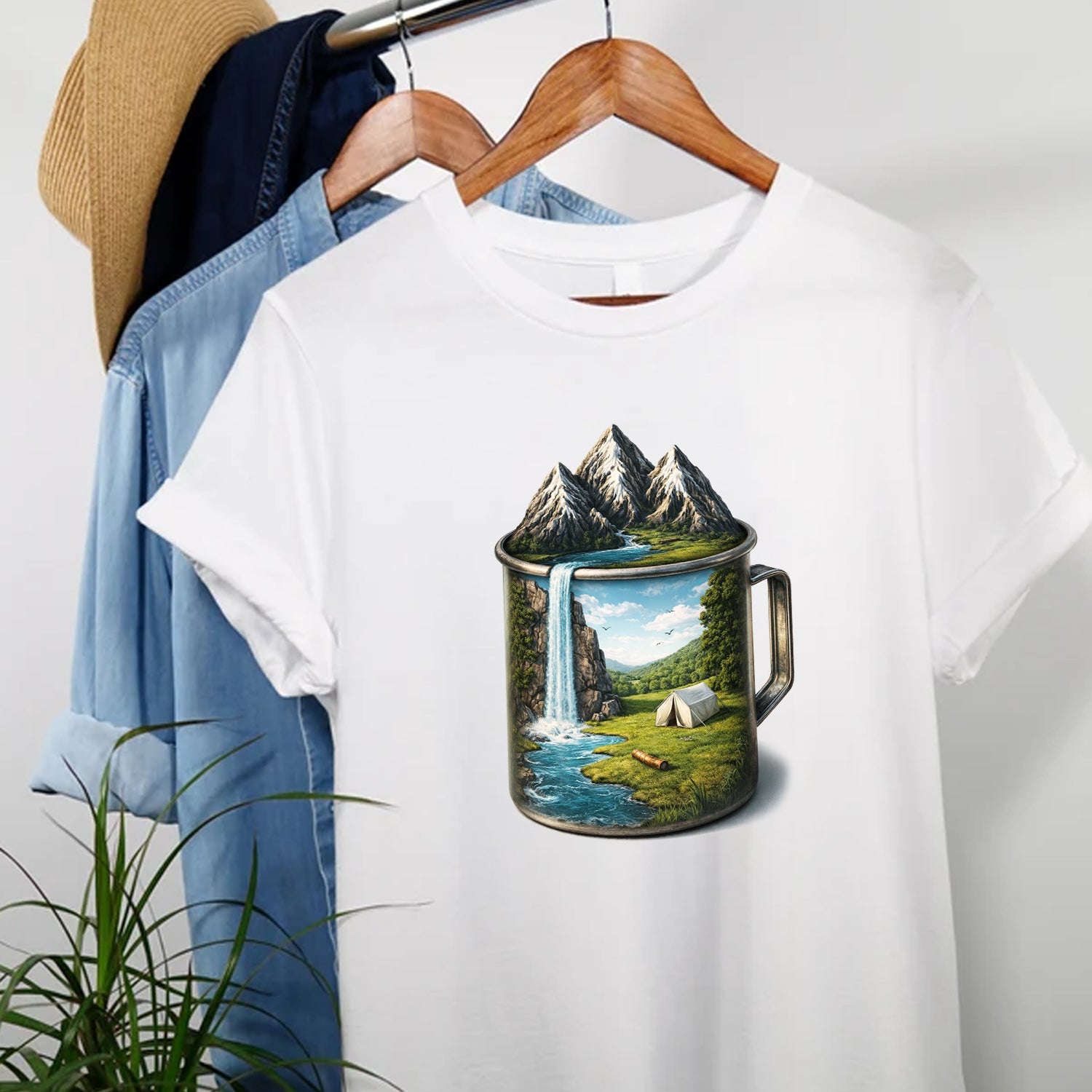 Camping Mug Landscape T-Shirt – Mountain Waterfall Coffee Cup Graphic Tee, Outdoor Adventure Nature Shirt, Camping & Hiking Lover Apparel