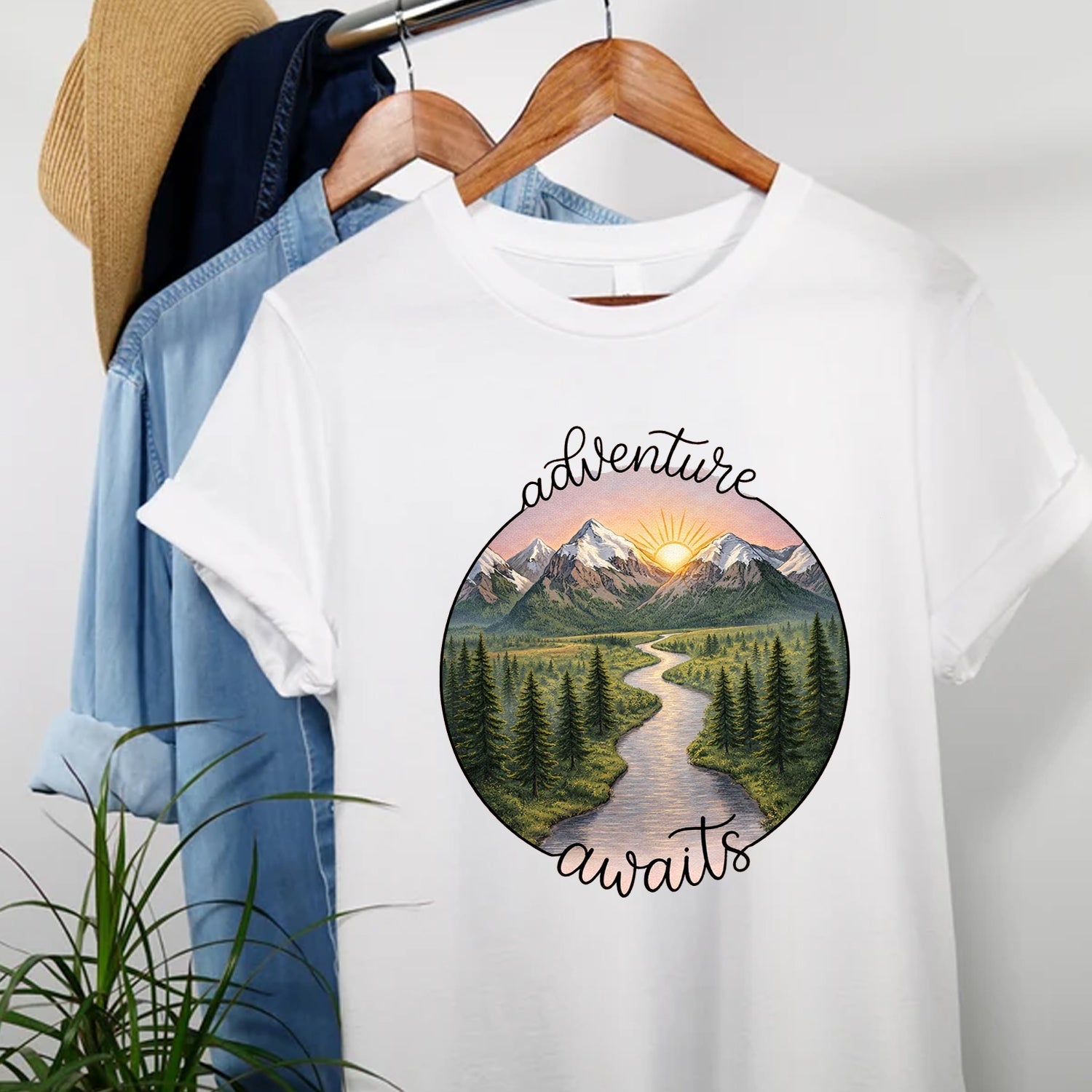 Adventure Awaits Mountain River T-Shirt, Scenic Nature Landscape Graphic Tee, Outdoor Hiking Travel Shirt