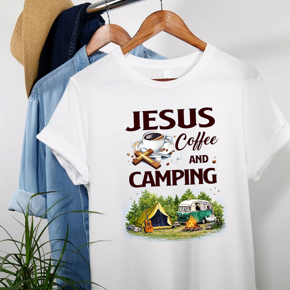 Jesus Coffee Camping T-Shirt – Christian Outdoor Graphic Tee, Faith-Inspired Camping & Coffee Lover Shirt, Nature Adventure Lifestyle Apparel