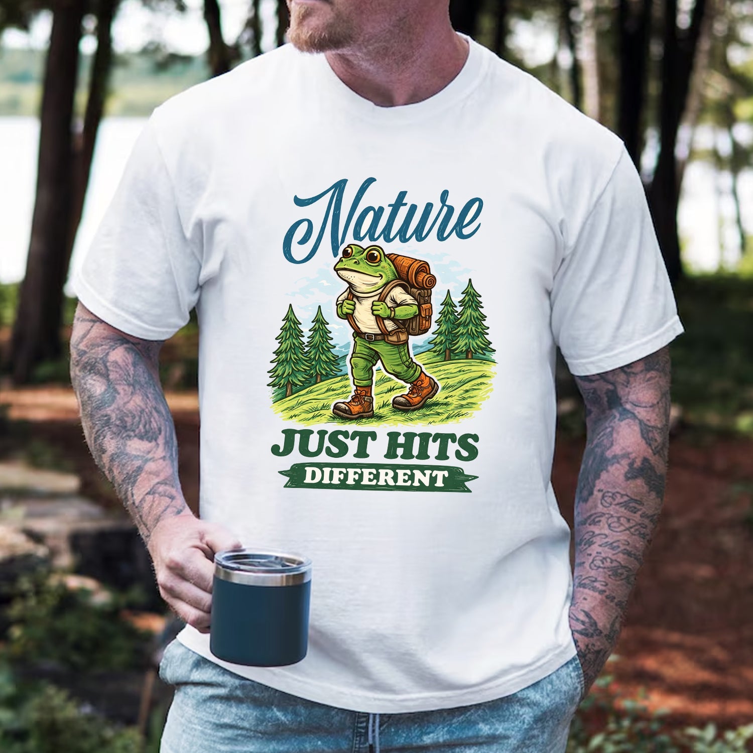 Nature Just Hits Different T-Shirt – Funny Frog Hiking Camping Shirt for Nature Lovers