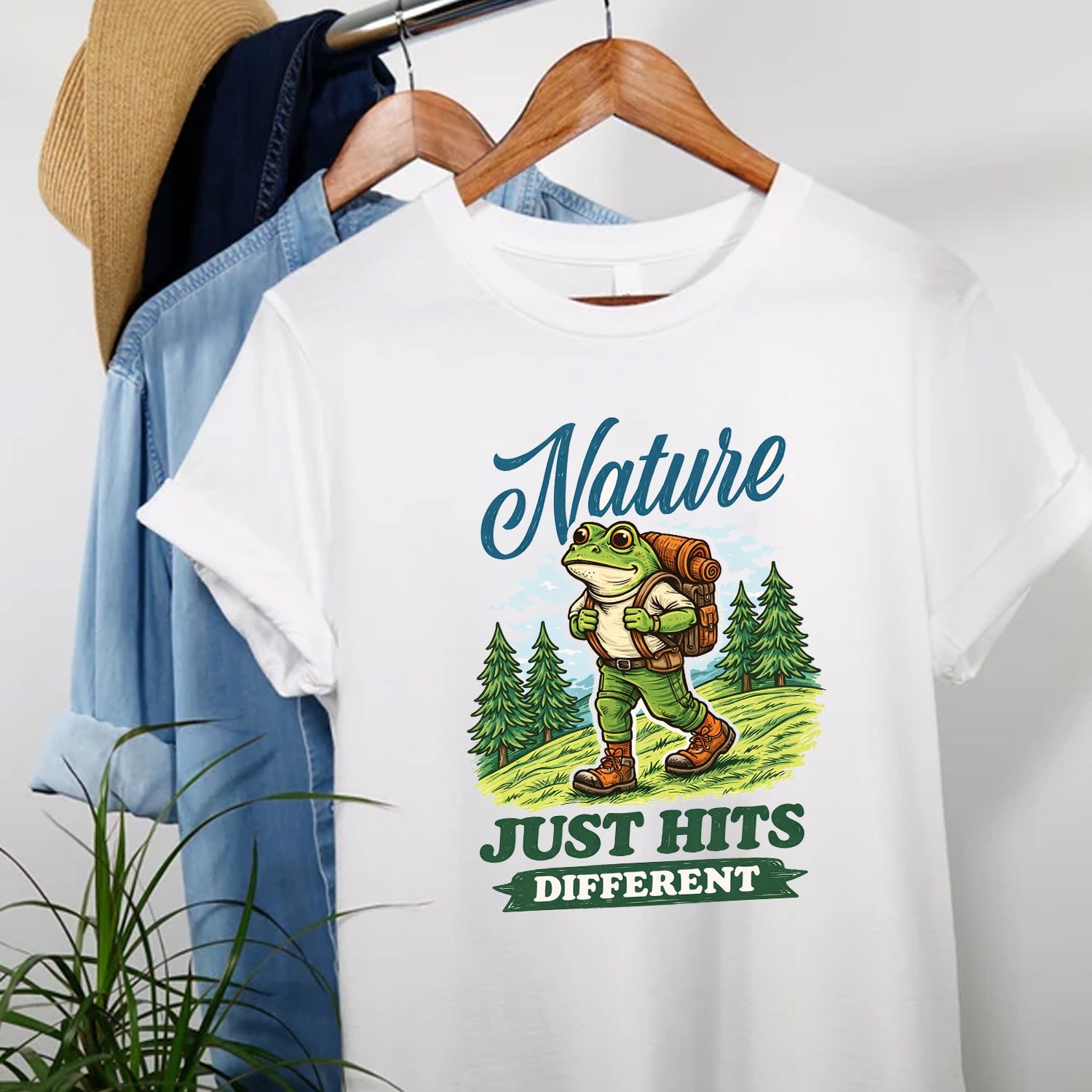 Nature Just Hits Different T-Shirt – Funny Frog Hiking Camping Shirt for Nature Lovers