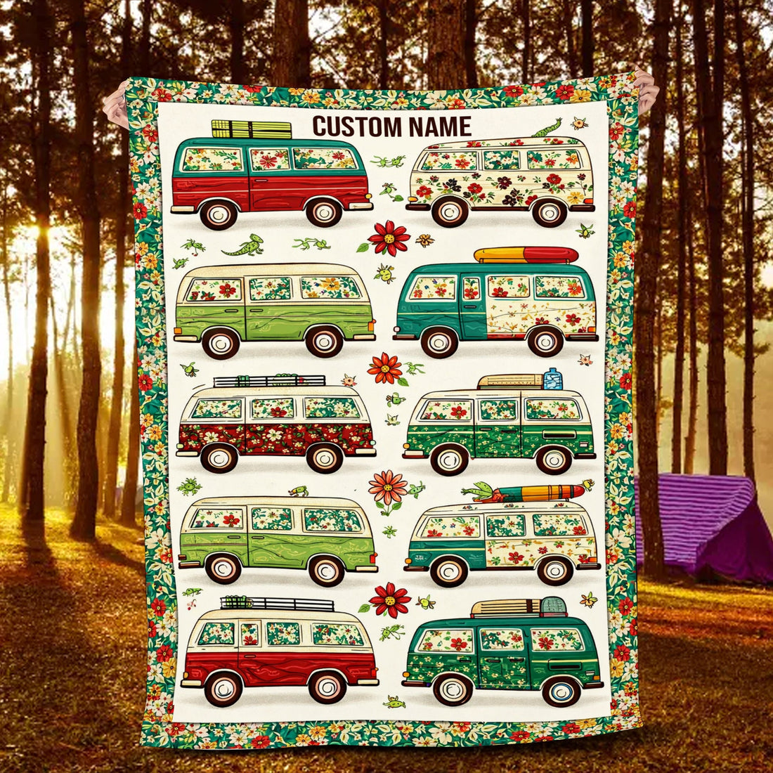 Personalized Camper Van Blanket – Custom Name Retro Travel Quilt, Cozy Gift for Couples & RV Lovers